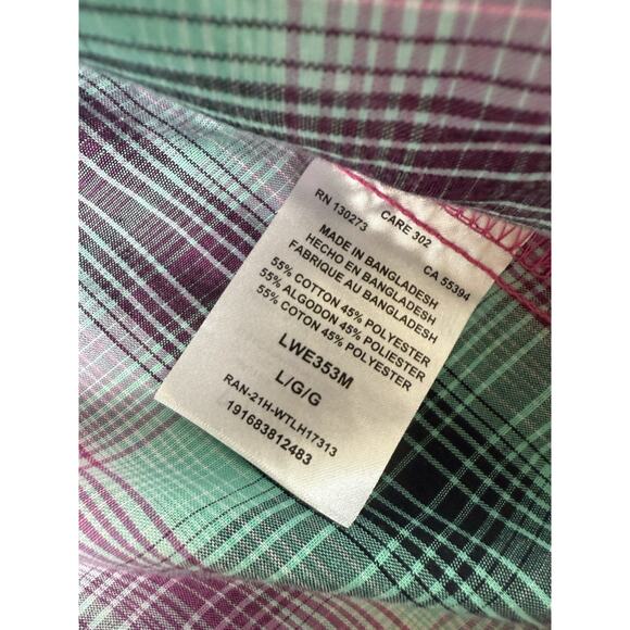 Wrangler Shirt Women L Pink Green Flannel Pearl Snap Western Cowgirl Rodeo Ranch - Picture 7 of 12